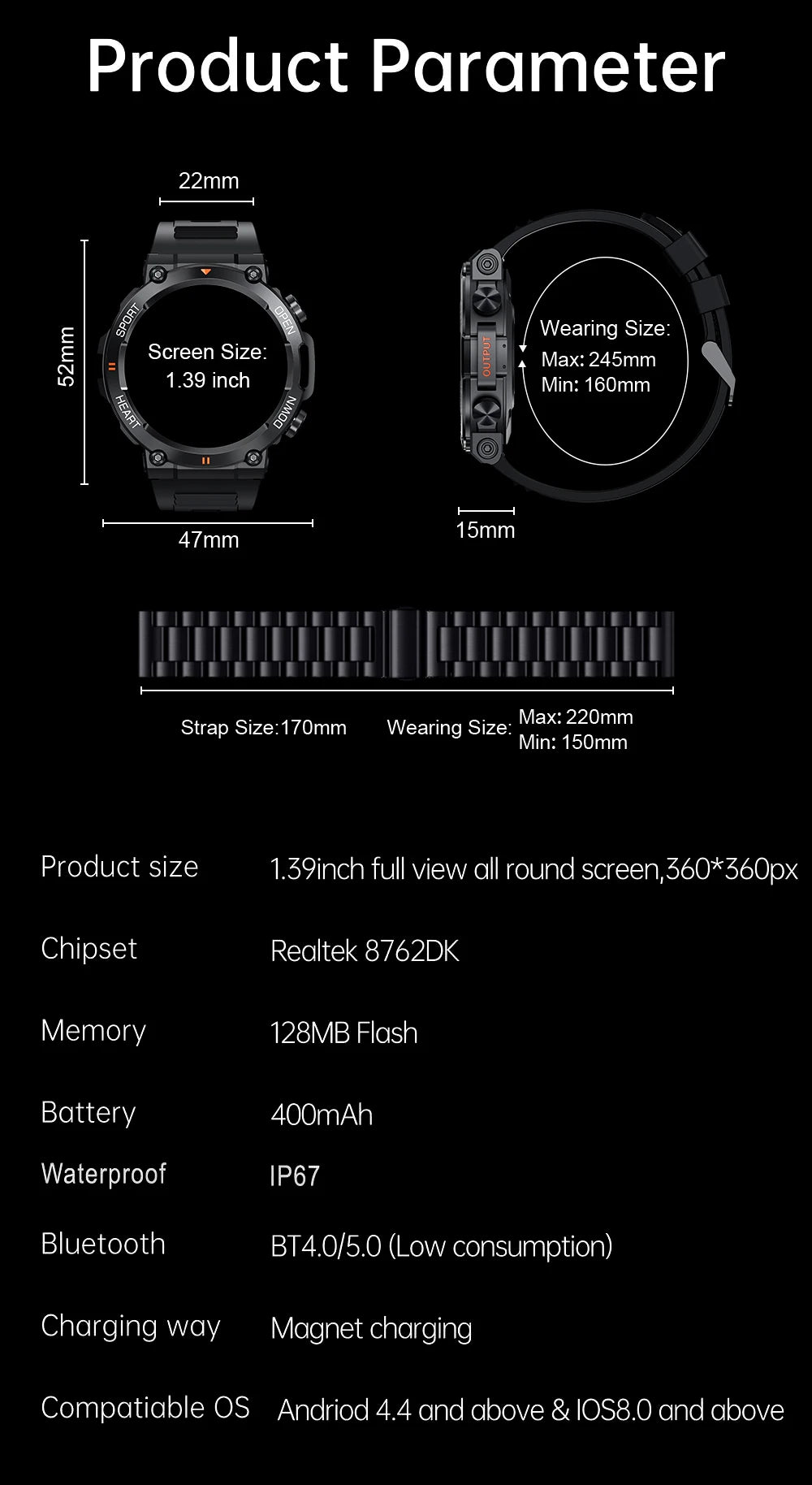 1.39" HD Bluetooth Smart Watch – Fitness & Heart Monitor