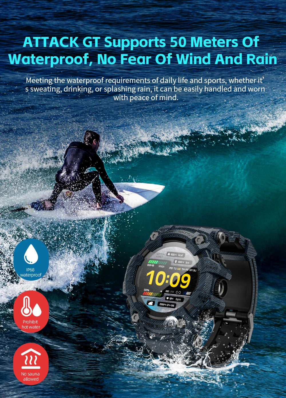 ATTACK-GT Sport Smartwatch – Waterproof Bluetooth & Fitness Tracker